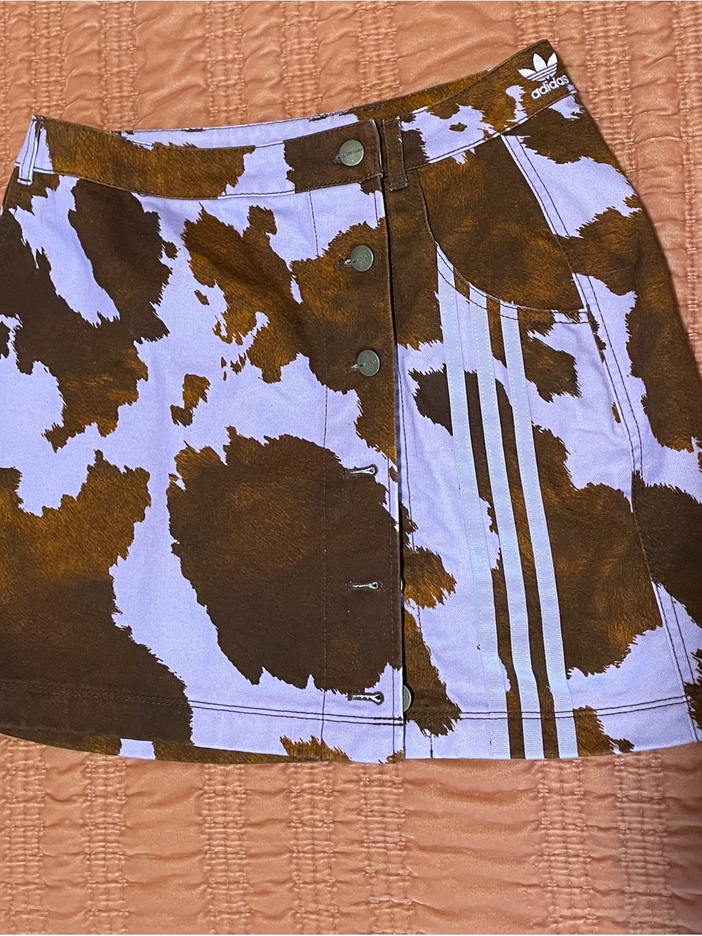 Adidas X Ivy Park Cowprint Lavender & Brown Button-Front Mini Skirt